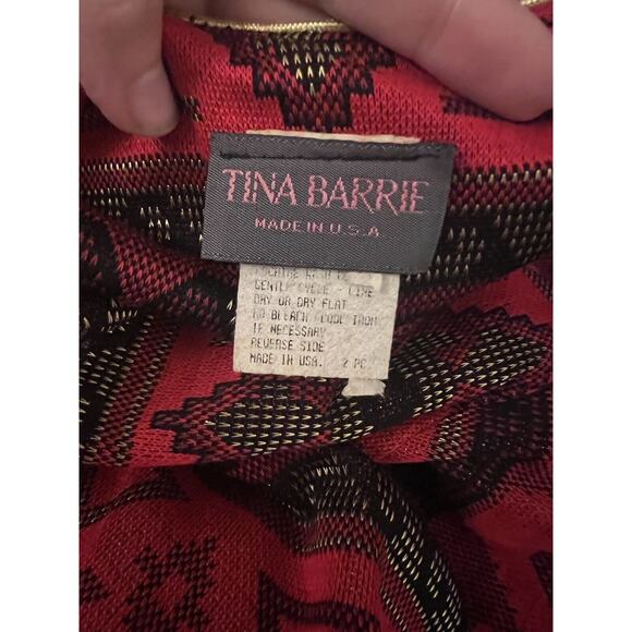VTG Tina Barrie Jacket Aztec Print Red Gold Button Collarless 3/4 Sleeve 16 - Picture 3 of 4